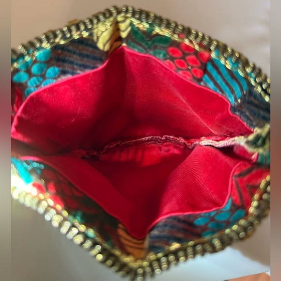 Bohemian Beaded Vibrant Red And Gold Drawstring Closure Small Unique Bag - Picture 2 of 10